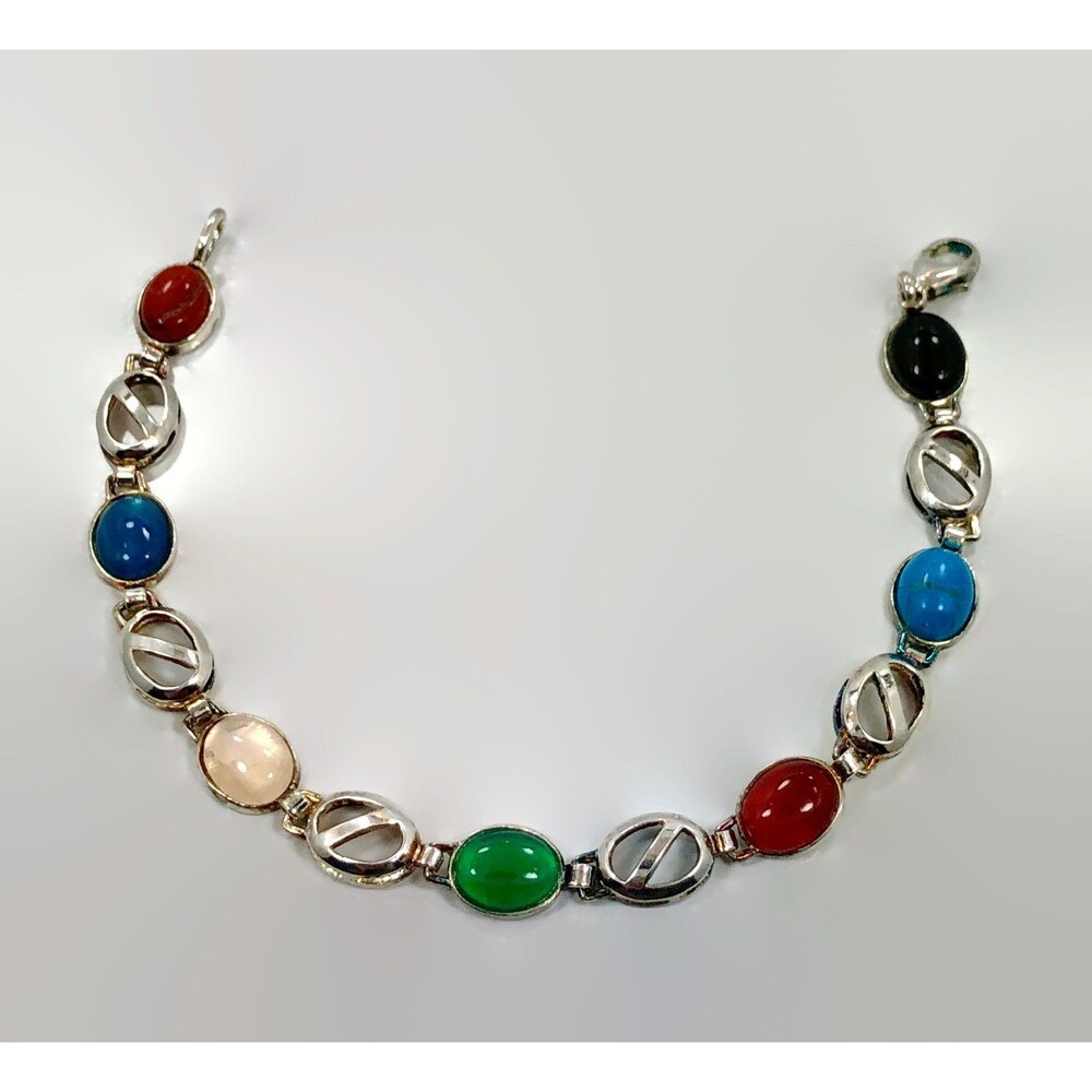Vintage Sterling Silver Multi-Stone Bracelet: Onyx, Quartz, Carnelian